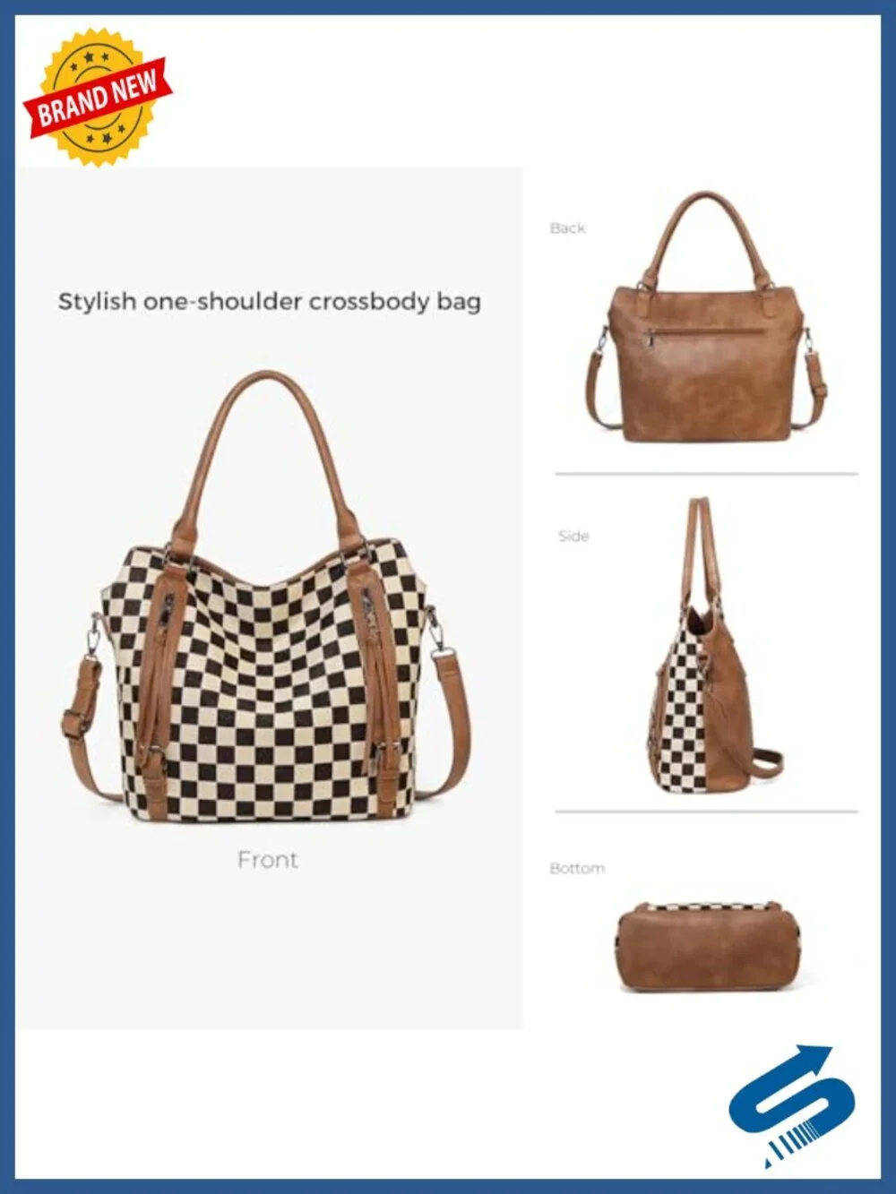 Women's Large Checkered Tote Bag Hobo Shoulder Handbag PU Leather Canvas